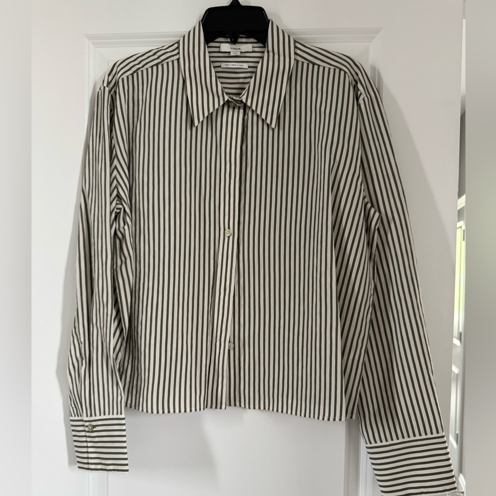 Vince Olive and White Vertical Stripe Button-Up Shirt